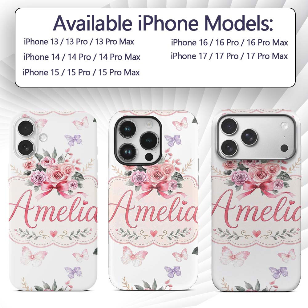 Cute Watercolor Roses Bouquet with Red Ribbon Custom Name Protective Phone Case Mobile Cover Durable Everyday Smartphone Shock Resistant