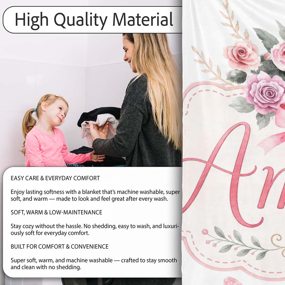 Cute Watercolor Roses Bouquet with Red Ribbon Light Grey Background  Personalised Custom Name Super Soft Fleece Blanket Bed Sofa Throw