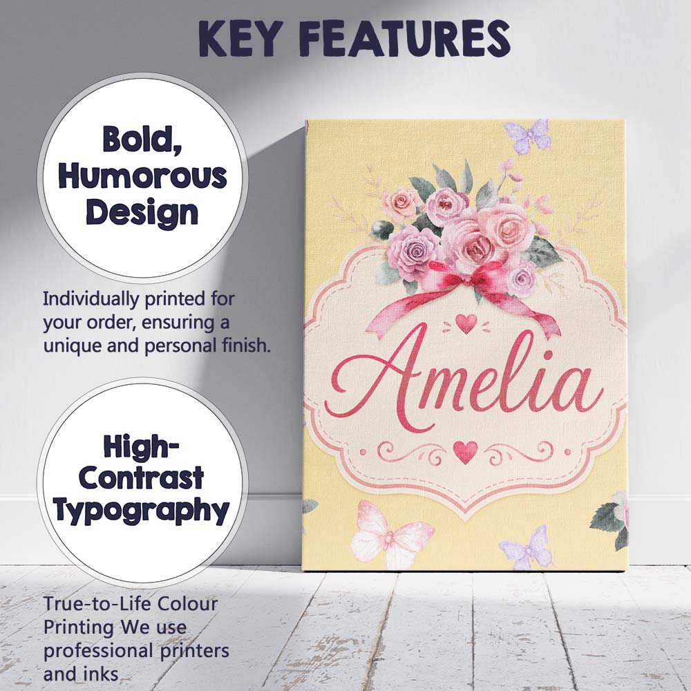 Personalised Name Cute Watercolor Roses Custom  Modern Room Accent Elegant Feature Canvas Wall Art Print Decor Picture Ready to Hang