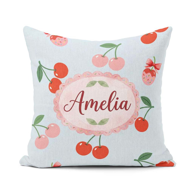 Custom Name Cute Cherry Fruit with Bow and Sprinkles Pastel Blue Square Filled Cushion Throw Pillow Sofa Bed Home Decor Zip Washable UK Made