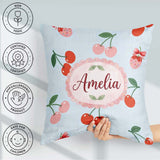 Custom Name Cute Cherry Fruit with Bow and Sprinkles Pastel Blue Square Filled Cushion Throw Pillow Sofa Bed Home Decor Zip Washable UK Made