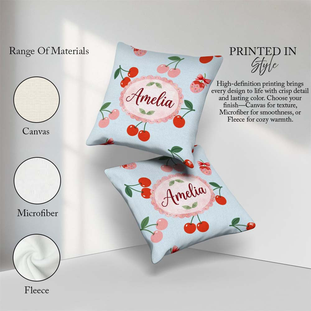 Custom Name Cute Cherry Fruit with Bow and Sprinkles Pastel Blue Square Filled Cushion Throw Pillow Sofa Bed Home Decor Zip Washable UK Made