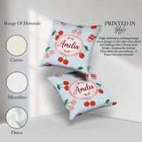 Custom Name Cute Cherry Fruit with Bow and Sprinkles Pastel Blue Square Filled Cushion Throw Pillow Sofa Bed Home Decor Zip Washable UK Made