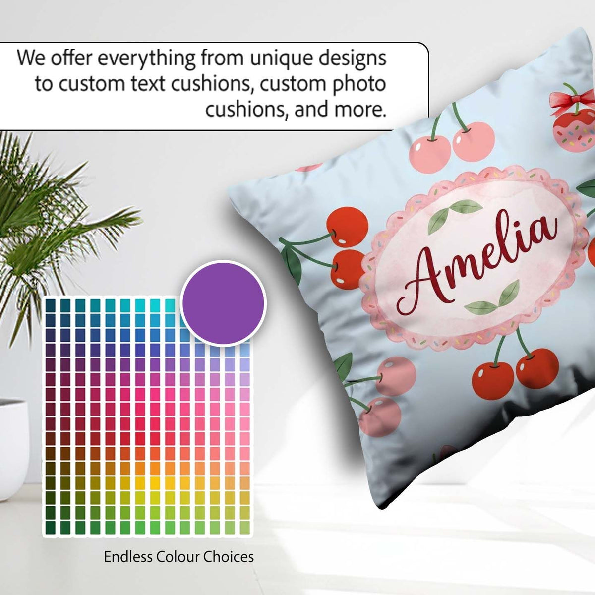 Custom Name Cute Cherry Fruit with Bow and Sprinkles Pastel Blue Square Filled Cushion Throw Pillow Sofa Bed Home Decor Zip Washable UK Made