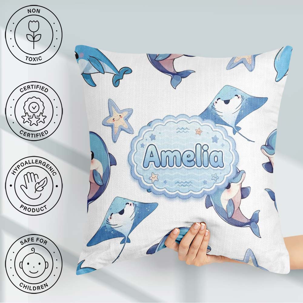 Custom Name Dolphin Stingray Starfish Ocean Sea Life Light Grey Square Filled Cushion Throw Pillow Sofa Bed Home Decor Zip Washable UK Made