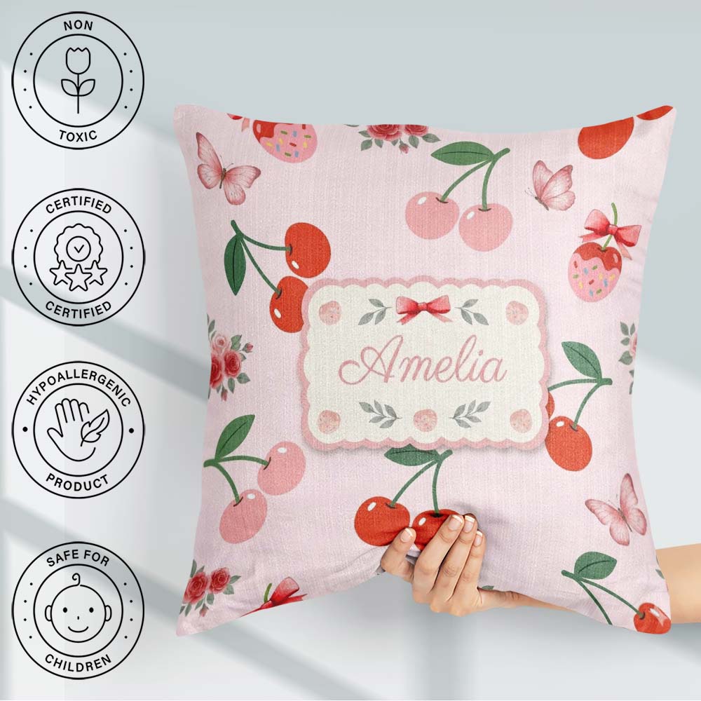 Custom Name Cherry Fruit with Bow and Seamless Pattern Soft Pink Square Filled Cushion Throw Pillow Sofa Bed Home Decor Zip Washable UK Made