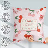 Custom Name Cherry Fruit with Bow and Seamless Pattern Soft Pink Square Filled Cushion Throw Pillow Sofa Bed Home Decor Zip Washable UK Made