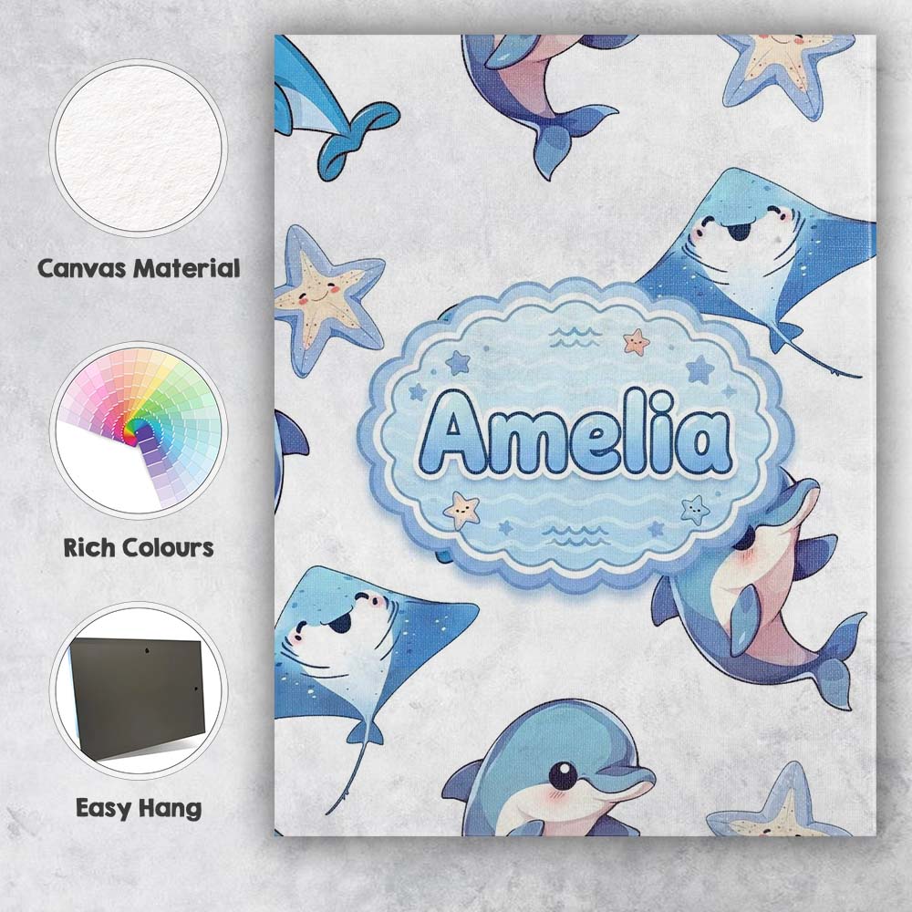 Personalised Name Cute Dolphin Stingray Starfish Ocean Sea Life Custom  Statement Canvas Wall Art Print Decor Picture Ready to Hang