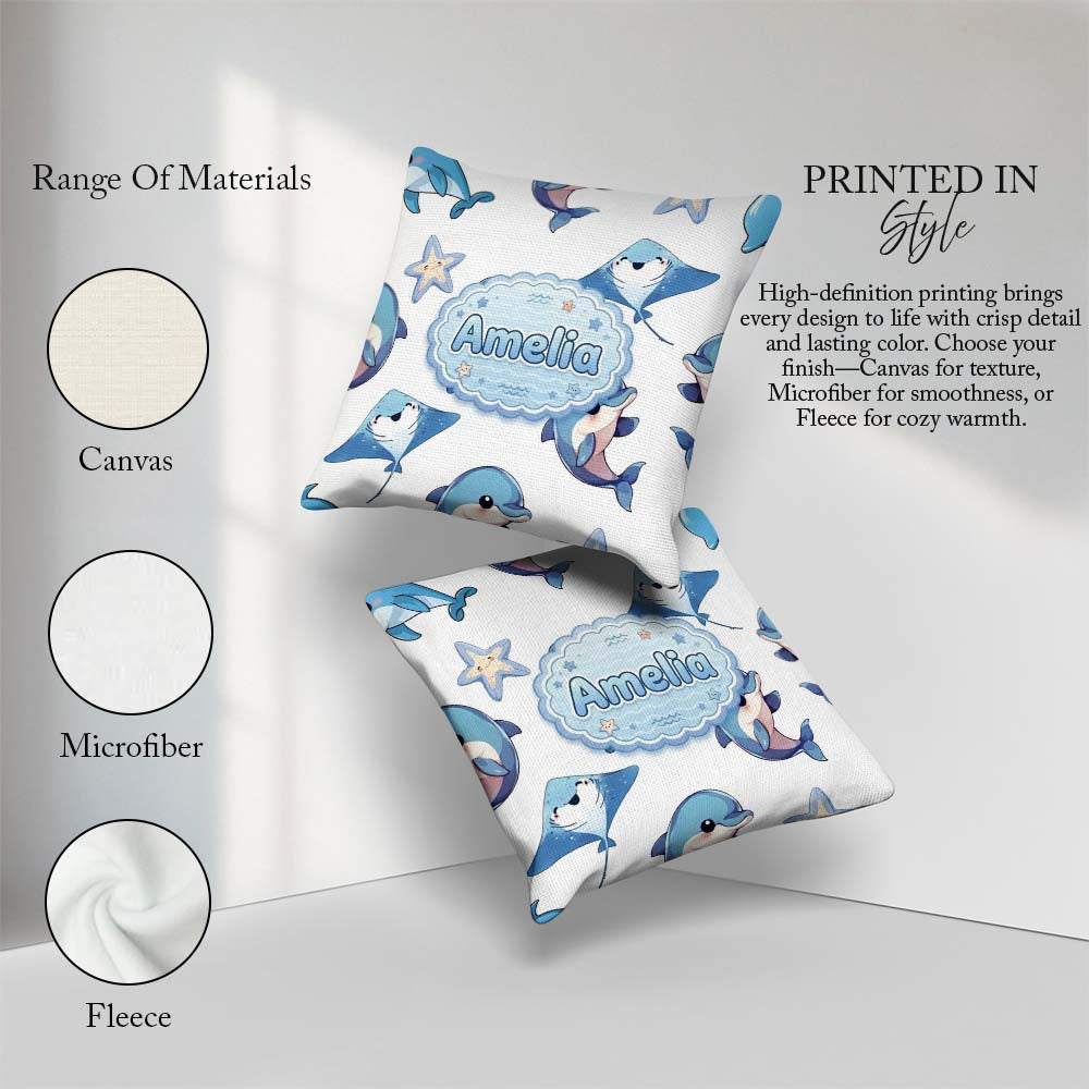 Custom Name Dolphin Stingray Starfish Ocean Sea Life Light Grey Square Filled Cushion Throw Pillow Sofa Bed Home Decor Zip Washable UK Made