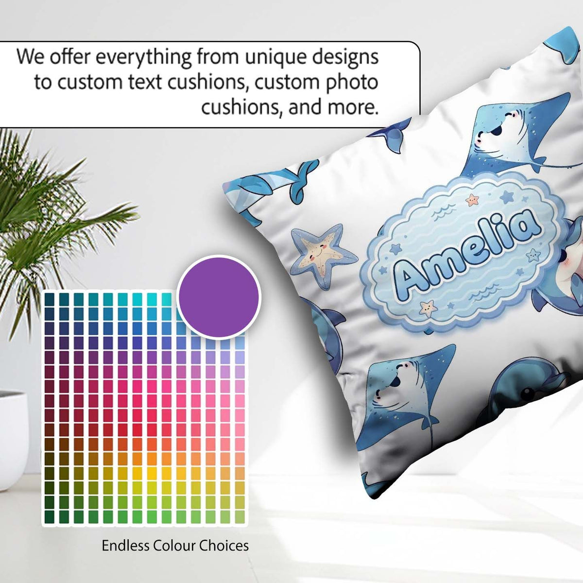 Custom Name Dolphin Stingray Starfish Ocean Sea Life Light Grey Square Filled Cushion Throw Pillow Sofa Bed Home Decor Zip Washable UK Made