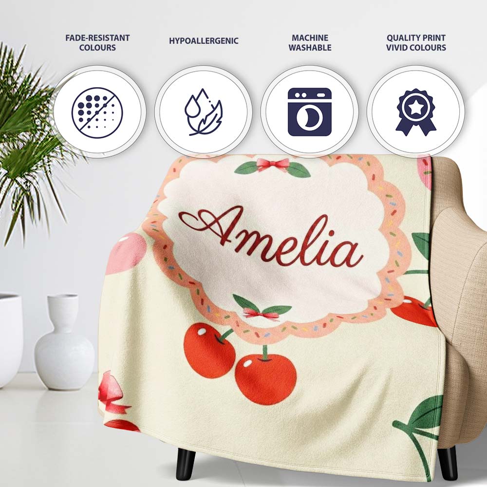 Cute Cherry Fruit with Bow and Sprinkles Pattern Light Olive Lovely  Personalised Custom Name Super Soft Fleece Blanket Bed Sofa Throw