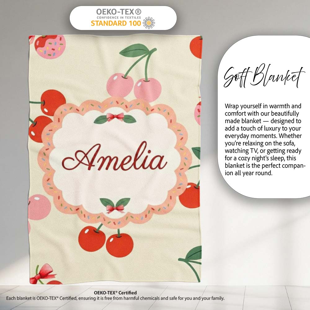 Cute Cherry Fruit with Bow and Sprinkles Pattern Light Olive Lovely  Personalised Custom Name Super Soft Fleece Blanket Bed Sofa Throw