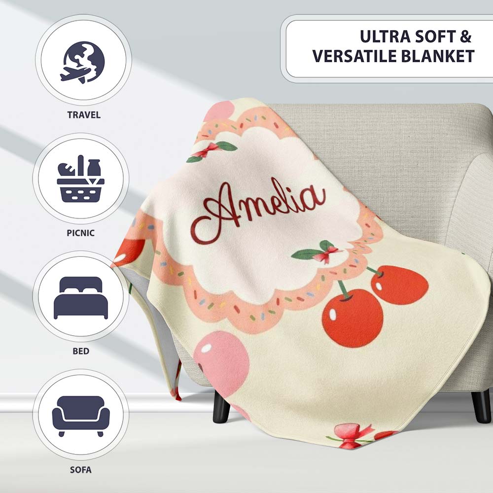 Cute Cherry Fruit with Bow and Sprinkles Pattern Light Olive Lovely  Personalised Custom Name Super Soft Fleece Blanket Bed Sofa Throw