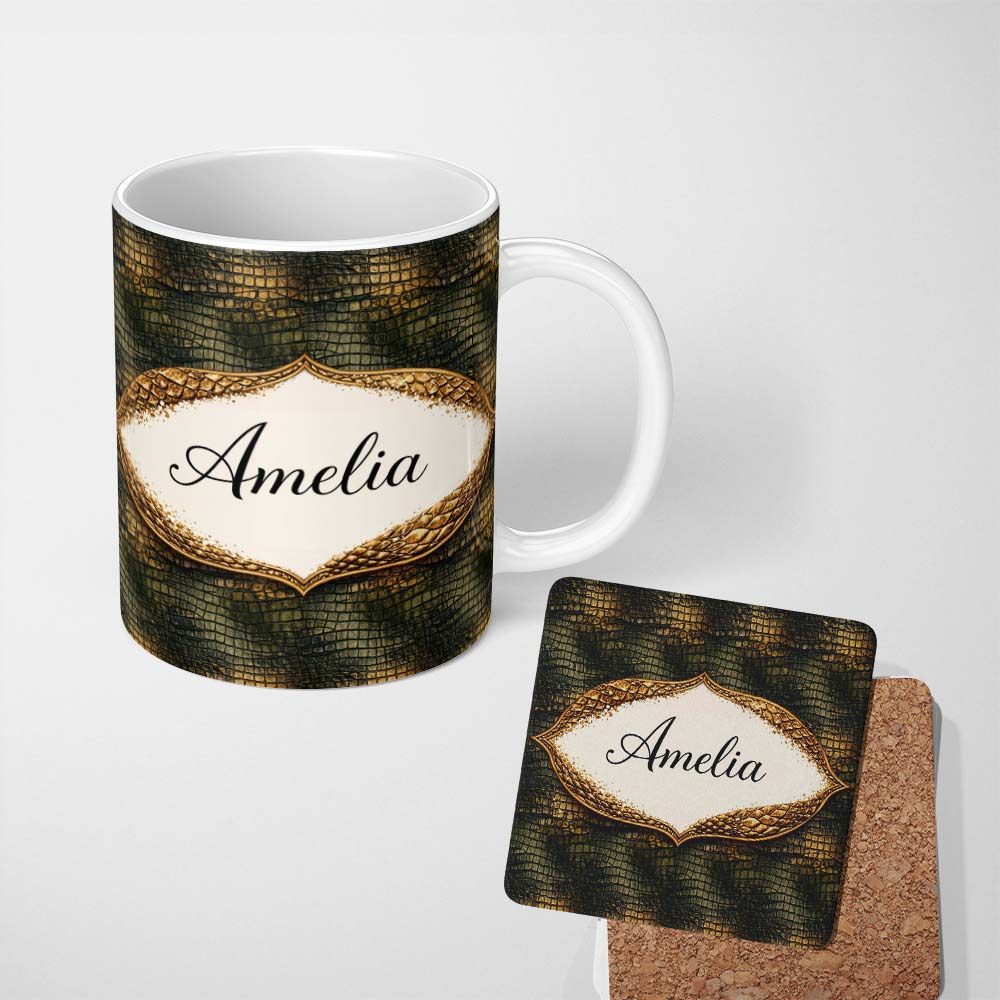 Personalized Custom Name Aqua Green Crocodile Texture Pattern Watercolour Effect Design 11oz Ceramic Coffee Tea Mug White Large Handle