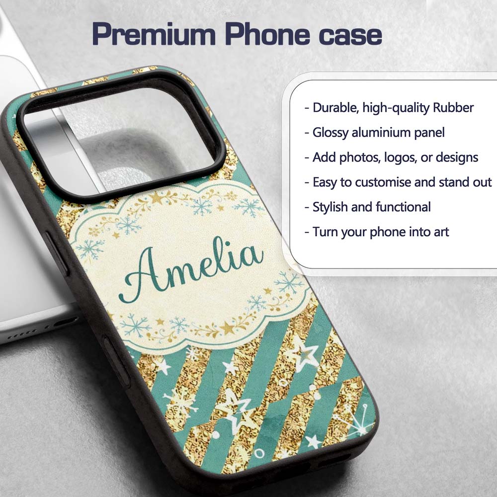 Gold Glitter Stripe Stars Snowflakes Festive Custom Name Protective Phone Case Mobile Cover Durable Everyday Smartphone Shock Resistant
