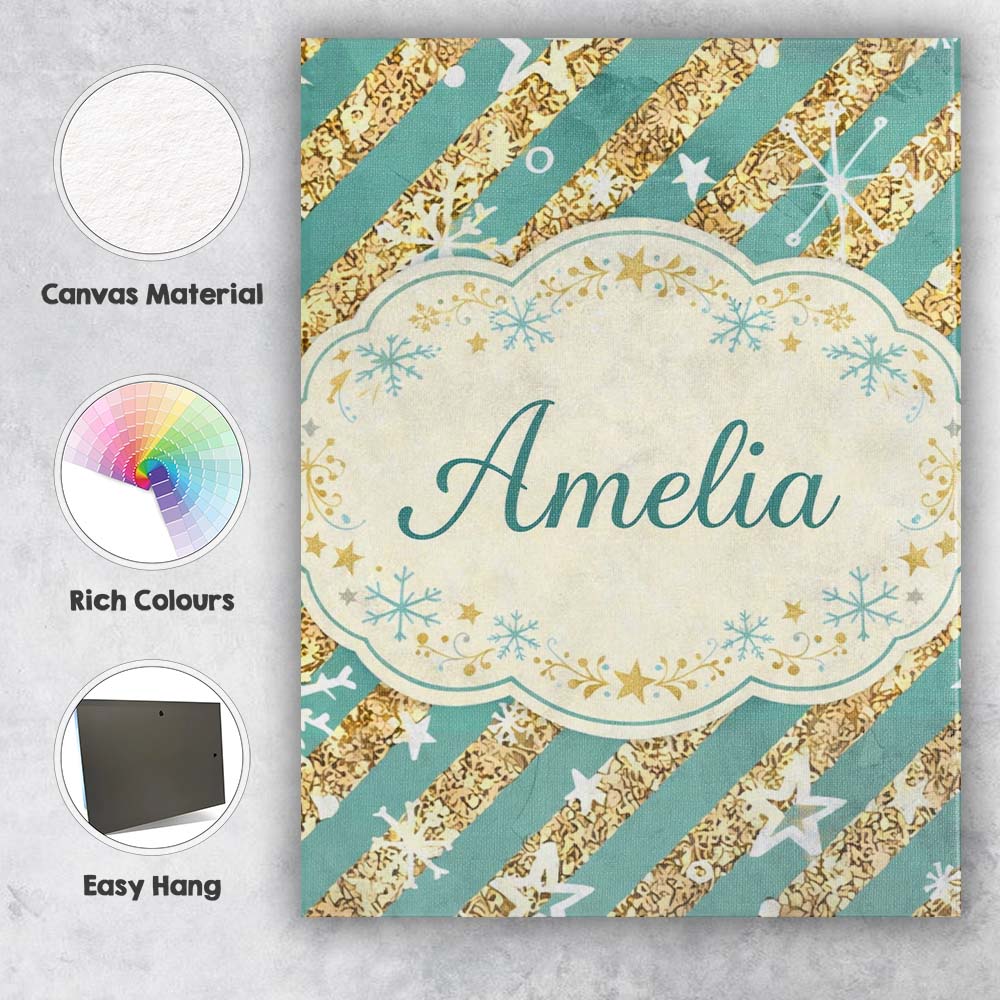 Personalised Name Gold Glitter Stripe Stars Snowflakes Festive Custom Modern Room Accent Canvas Wall Art Print Decor Picture Ready to Hang