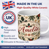 Personalized Custom Name Elegant Christmas Holly Leaves with Berries and Stars Festive Lovely 11oz Ceramic Coffee Tea Mug White Large Handle