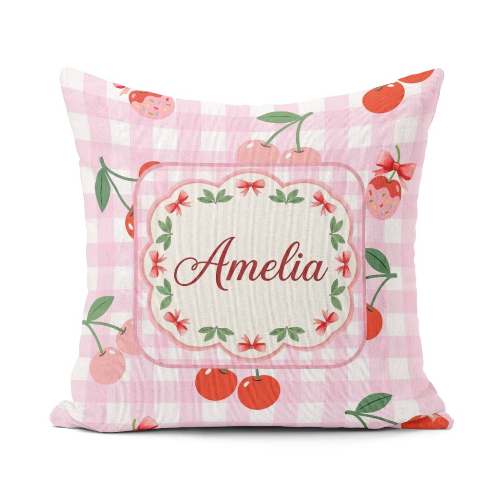 Custom Name Cherry Fruit with Bow and Pattern Pink Gingham Check Square Filled Cushion Throw Pillow Sofa Bed Home Decor Zip Washable UK Made