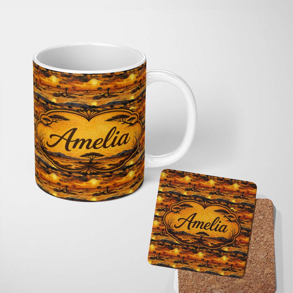 Personalized Custom Name Textured African Landscape with Sunset Scene and Silhouettes in Warm 11oz Ceramic Coffee Tea Mug White Large Handle