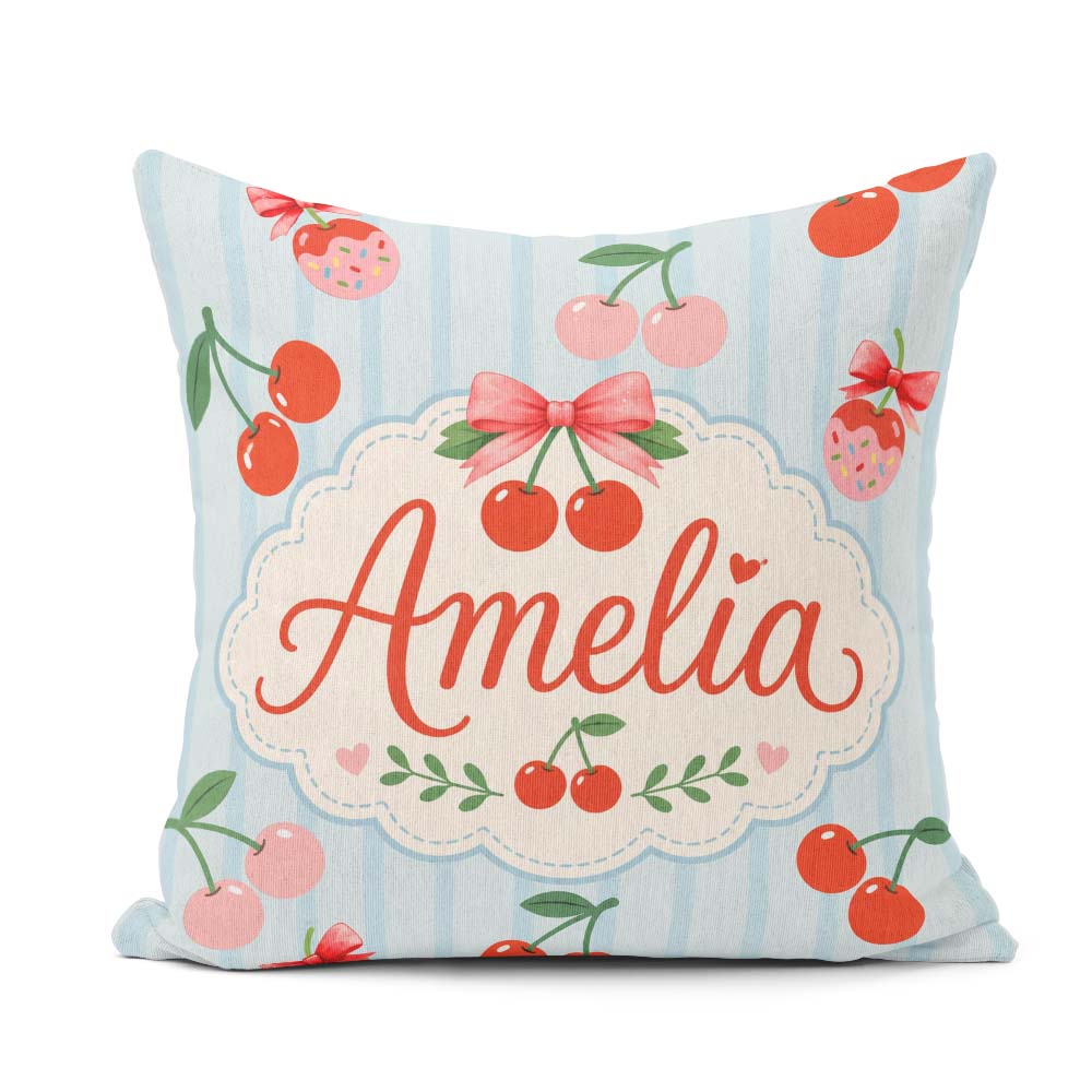 Custom Name Cute Cherry Fruit with Bow and Sprinkles Blue Stripe Square Filled Cushion Throw Pillow Sofa Bed Home Decor Zip Washable UK Made