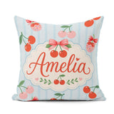 Custom Name Cute Cherry Fruit with Bow and Sprinkles Blue Stripe Square Filled Cushion Throw Pillow Sofa Bed Home Decor Zip Washable UK Made