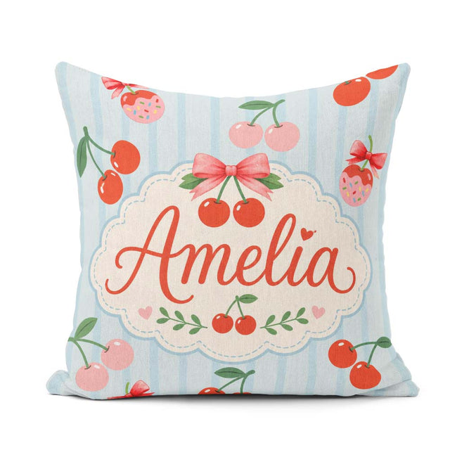 Custom Name Cute Cherry Fruit with Bow and Sprinkles Blue Stripe Square Filled Cushion Throw Pillow Sofa Bed Home Decor Zip Washable UK Made