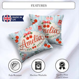 Custom Name Cute Cherry Fruit with Bow and Sprinkles Blue Stripe Square Filled Cushion Throw Pillow Sofa Bed Home Decor Zip Washable UK Made