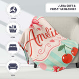 Cute Cherry Fruit with Bow and Sprinkles Pattern Mint Stripe Lovely  Personalised Custom Name Super Soft Fleece Blanket Bed Sofa Throw