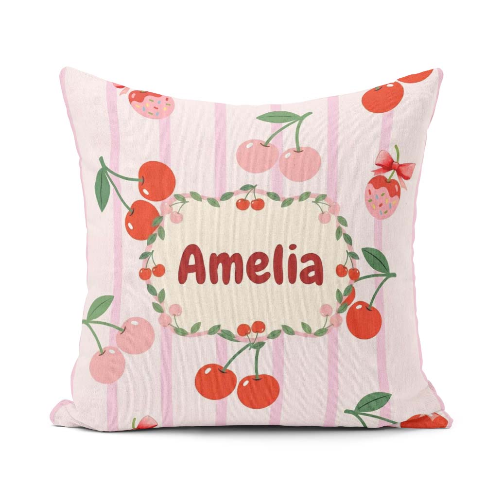 Custom Name Cute Cherry Fruit with Bow and Sprinkles Pink Stripe Square Filled Cushion Throw Pillow Sofa Bed Home Decor Zip Washable UK Made