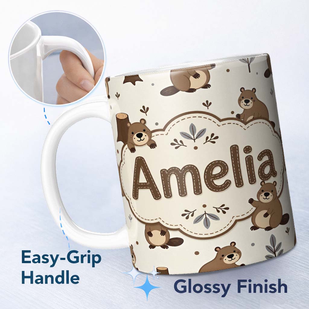 Personalized Custom Name Cute Beavers Forest Trees Woodland Animals Seamless Pattern Lovely 11oz Ceramic Coffee Tea Mug White Large Handle