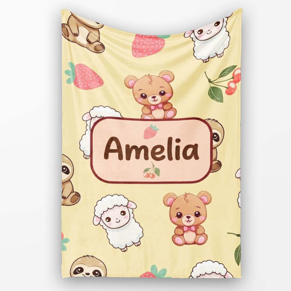Cute Cute Animals Bear Sloth Sheep Strawberry Pattern Warm Beige  Personalised Custom Name Super Soft Fleece Blanket Bed Sofa Throw