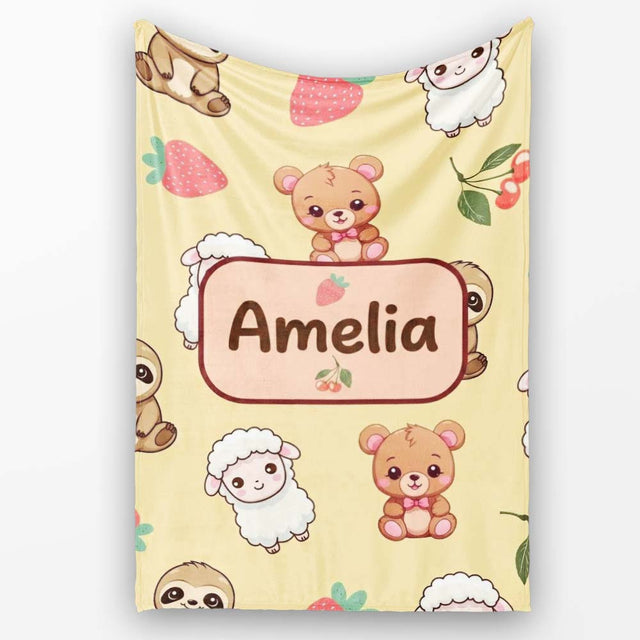 Cute Cute Animals Bear Sloth Sheep Strawberry Pattern Warm Beige  Personalised Custom Name Super Soft Fleece Blanket Bed Sofa Throw