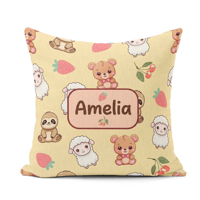 Custom Name Cute Animals Bear Sloth Sheep Strawberry Warm Beige Square Filled Cushion Throw Pillow Sofa Bed Home Decor Zip Washable UK Made