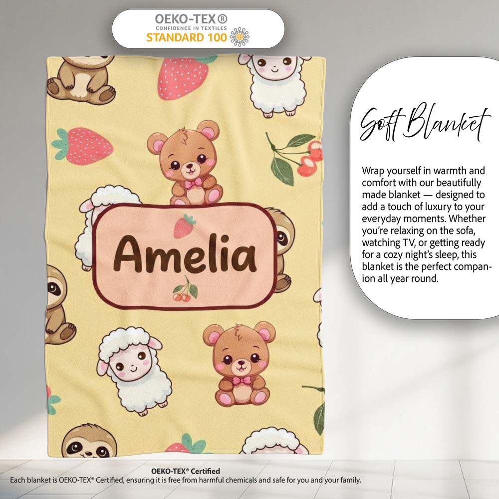 Cute Cute Animals Bear Sloth Sheep Strawberry Pattern Warm Beige  Personalised Custom Name Super Soft Fleece Blanket Bed Sofa Throw