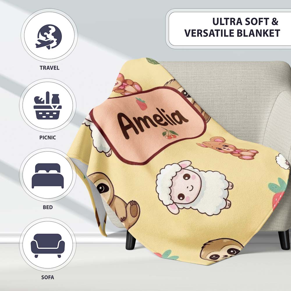 Cute Cute Animals Bear Sloth Sheep Strawberry Pattern Warm Beige  Personalised Custom Name Super Soft Fleece Blanket Bed Sofa Throw