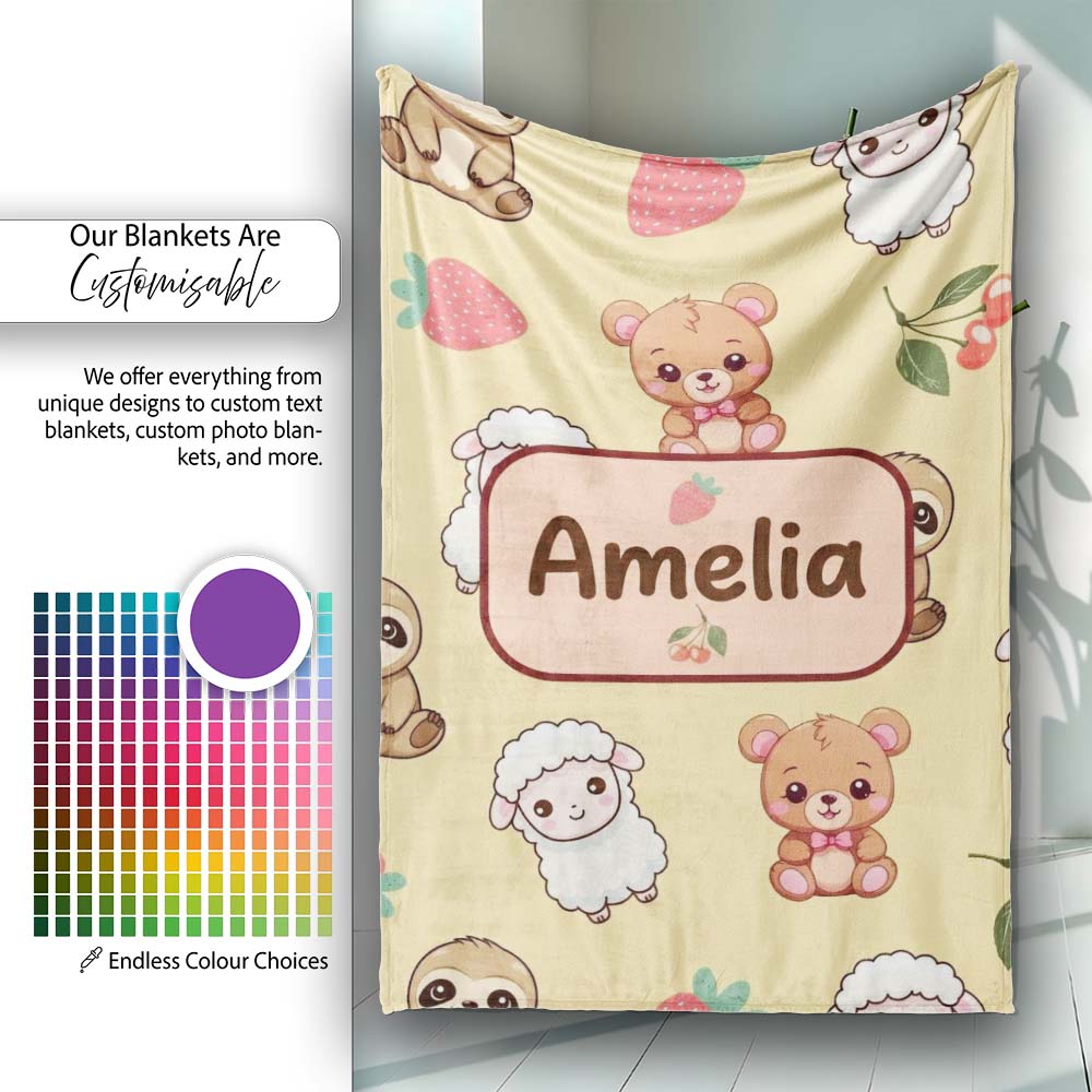 Cute Cute Animals Bear Sloth Sheep Strawberry Pattern Warm Beige  Personalised Custom Name Super Soft Fleece Blanket Bed Sofa Throw