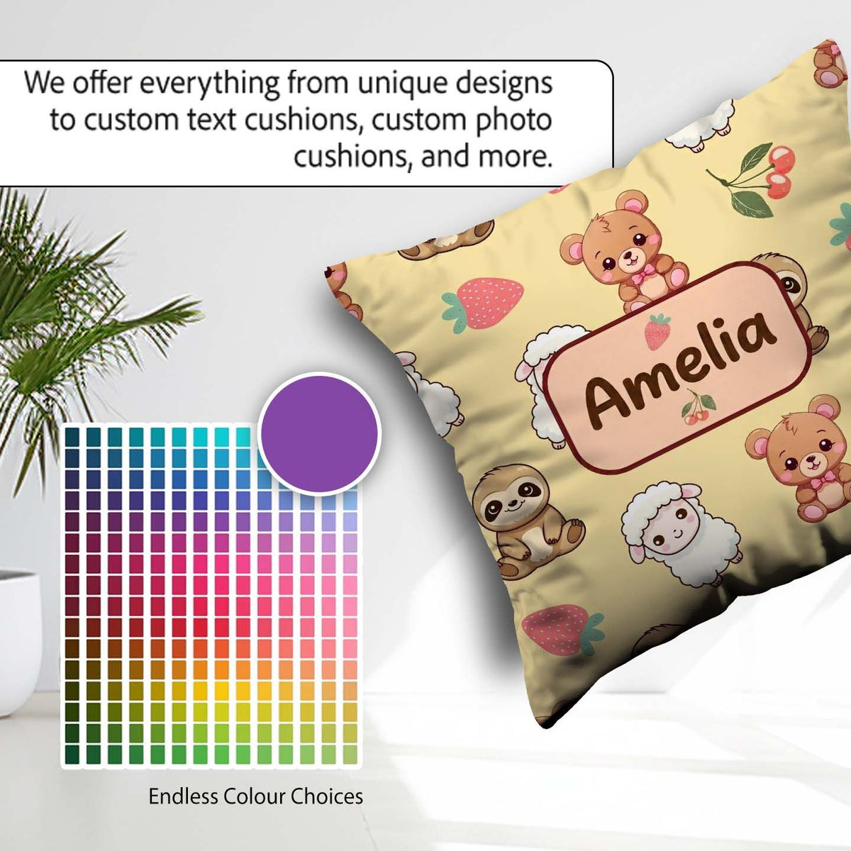 Custom Name Cute Animals Bear Sloth Sheep Strawberry Warm Beige Square Filled Cushion Throw Pillow Sofa Bed Home Decor Zip Washable UK Made
