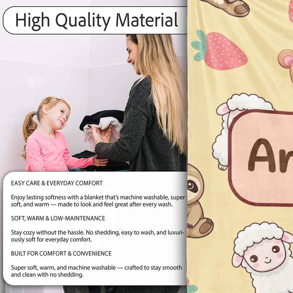Cute Cute Animals Bear Sloth Sheep Strawberry Pattern Warm Beige  Personalised Custom Name Super Soft Fleece Blanket Bed Sofa Throw