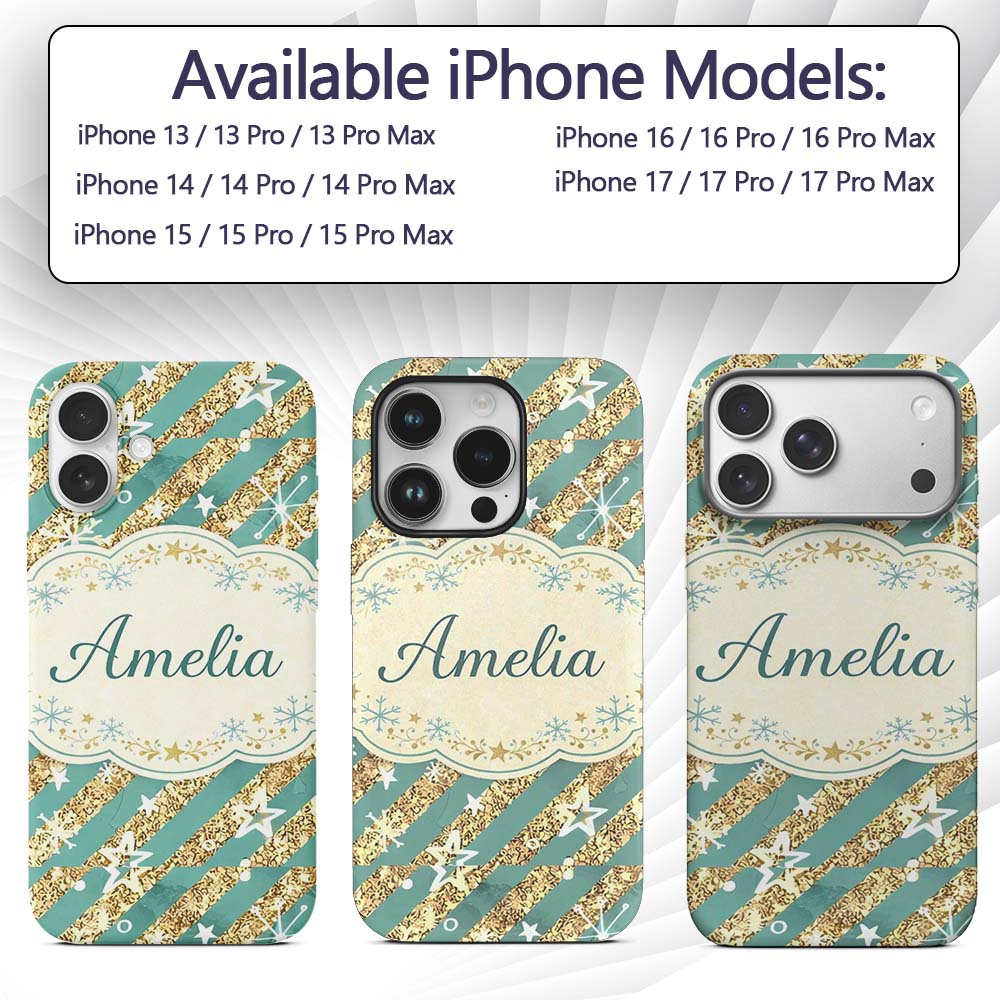 Gold Glitter Stripe Stars Snowflakes Festive Custom Name Protective Phone Case Mobile Cover Durable Everyday Smartphone Shock Resistant