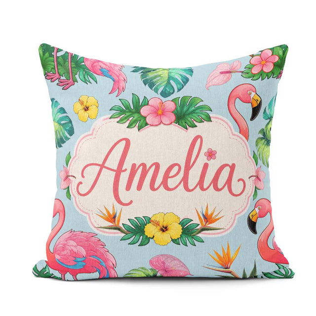 Custom Name Tropical Flamingo Bird with Exotic Flowers Leaf Blue Square Filled Cushion Throw Pillow Sofa Bed Home Decor Zip Washable UK Made