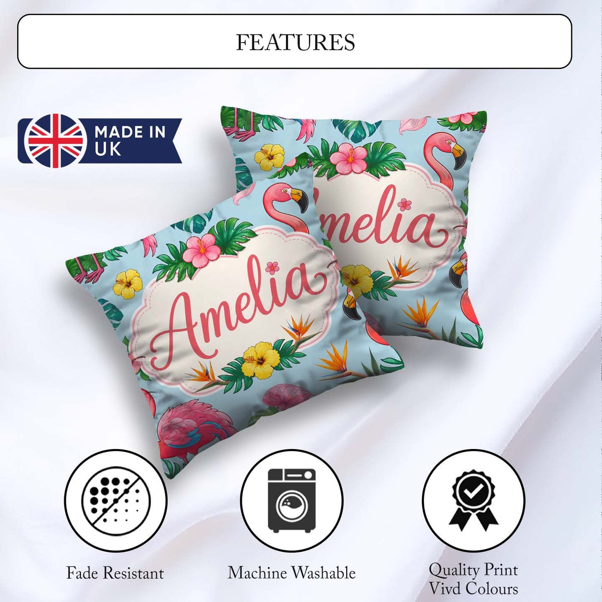 Custom Name Tropical Flamingo Bird with Exotic Flowers Leaf Blue Square Filled Cushion Throw Pillow Sofa Bed Home Decor Zip Washable UK Made