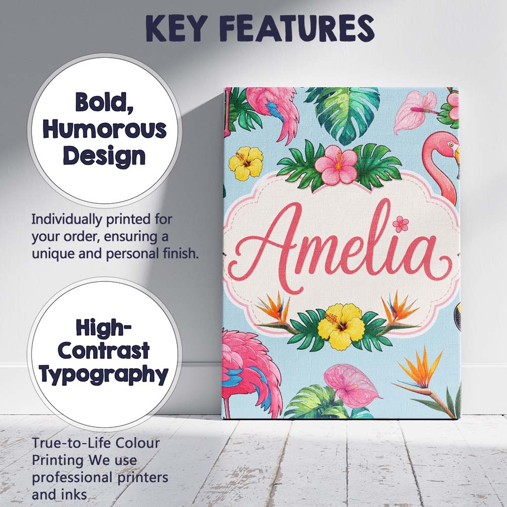 Personalised Name Tropical Flamingo Bird Custom  Unique Gift Idea Elegant Feature Canvas Wall Art Print Decor Picture Ready to Hang