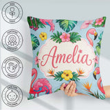 Custom Name Tropical Flamingo Bird with Exotic Flowers Leaf Blue Square Filled Cushion Throw Pillow Sofa Bed Home Decor Zip Washable UK Made