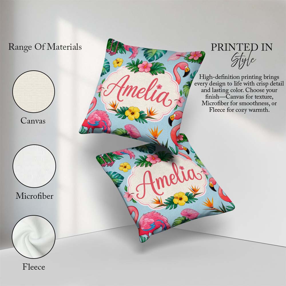 Custom Name Tropical Flamingo Bird with Exotic Flowers Leaf Blue Square Filled Cushion Throw Pillow Sofa Bed Home Decor Zip Washable UK Made