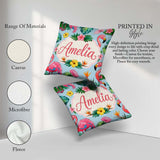 Custom Name Tropical Flamingo Bird with Exotic Flowers Leaf Blue Square Filled Cushion Throw Pillow Sofa Bed Home Decor Zip Washable UK Made
