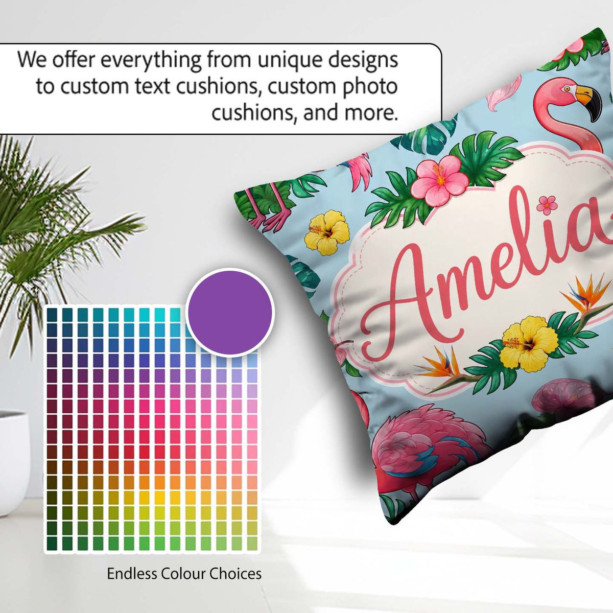 Custom Name Tropical Flamingo Bird with Exotic Flowers Leaf Blue Square Filled Cushion Throw Pillow Sofa Bed Home Decor Zip Washable UK Made