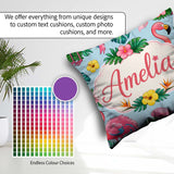 Custom Name Tropical Flamingo Bird with Exotic Flowers Leaf Blue Square Filled Cushion Throw Pillow Sofa Bed Home Decor Zip Washable UK Made