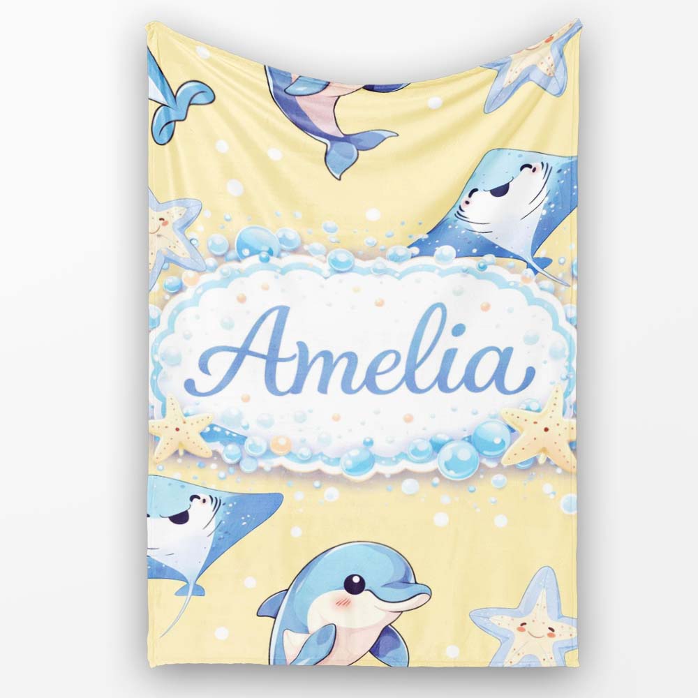 Cute Dolphin Stingray Starfish Ocean Sea Life Warm Beige Background  Personalised Custom Name Super Soft Fleece Blanket Bed Sofa Throw