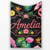 Tropical Flamingo Bird with Exotic Flowers Leaves Pattern Black  Personalised Custom Name Super Soft Fleece Blanket Bed Sofa Throw