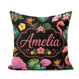 Custom Name Tropical Flamingo Bird Exotic Flowers Leaves Pattern Square Filled Cushion Throw Pillow Sofa Bed Home Decor Zip Washable UK Made